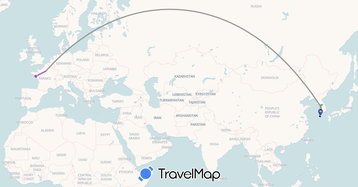 TravelMap itinerary: driving, bus, plane, train in France, South Korea (Asia, Europe)